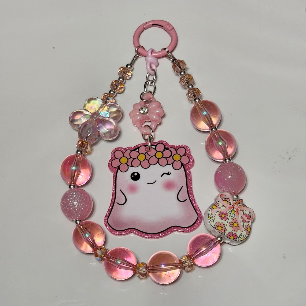 Ghost Pumpkin Phone Chain Keychain Bag Charm Clip Gift Halloween Pink Flowers